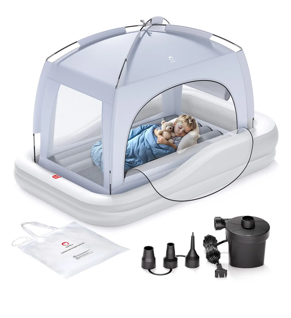 QPAU Inflatable Toddler Travel Bed with Tent, Baby Crib Tent, Portable Kids Air Mattress with Safety Bumpers, Ideal for Home, Grandma's, Camping, Traveling -Includes Fast Electric Pump
