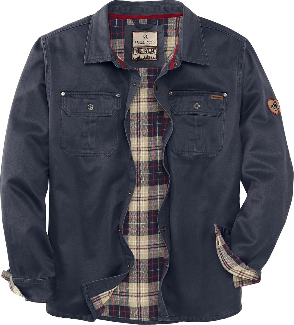 Legendary Whitetails Mens Flannel Lined Shirt Jacket Waxed Cotton Water Resistant Shacket (Large, Navy)