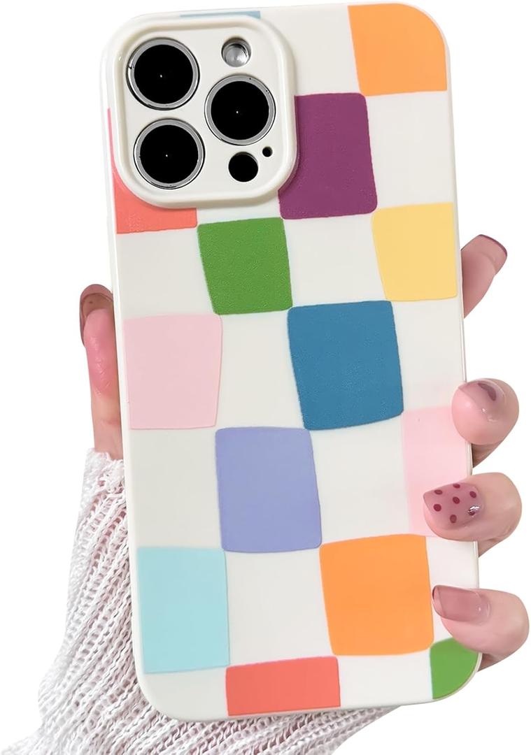 NITITOP Compatible with iPhone 12 Pro Max Case Cute Aesthetic Checkerboard Larger Blocks Pattern for Women Girl Trendy Slim Fit TPU Silicone Shockproof Full Camera Protection Cover - Colorful
