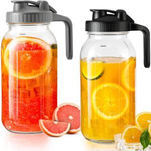 Glass Pitcher with Lid 64oz,Half Gallon Mason Jar Pitcher - 2 Quart Pitcher with Lid and Spout,Ice Tea Pitcher for Fridge,Glass Water Jug Juice Pitcher 64 oz Container[2 Pack]