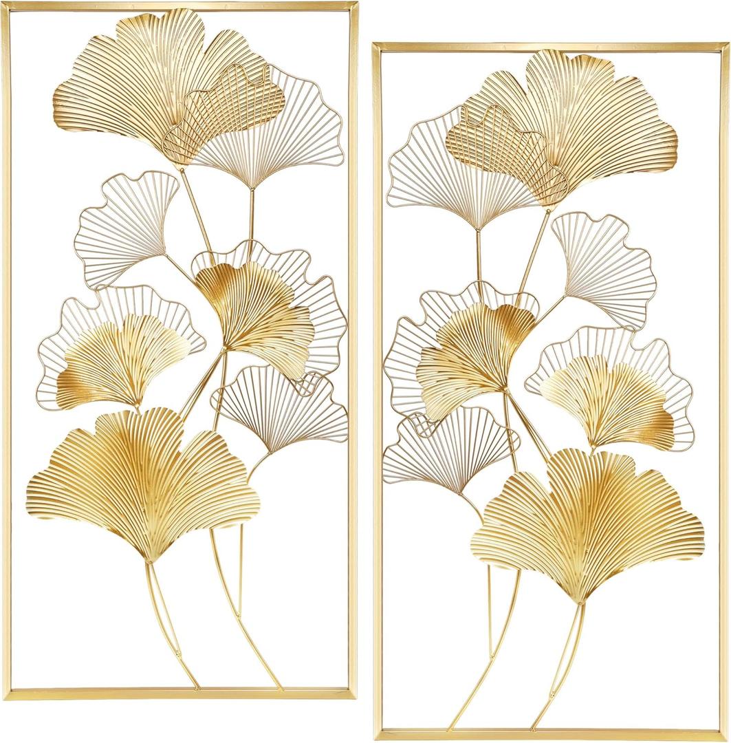 Lulu Home Metal Wall Decor, 39"X 20" Golden Ginkgo Leaves Metal Wall Decor with Frame, Gold Metal Art Wall Sculpture for Living Room, Office, Study, Large