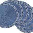 DII Woven Placemat Collection Round, 14.75" Diameter, Nautical Blue Fringe, 6 Piece