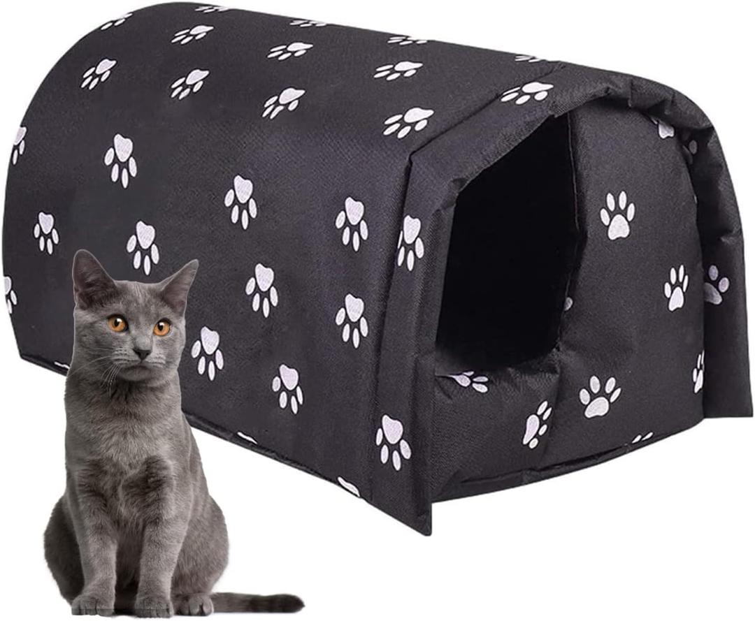 Cat House for Outdoor Cats in Winter, Feral Cat Shelter, Cat House Thickened Weatherproof Foldable, Stray Cats Shelter Rainproof and Sunscreen Oxford (Black, L)
