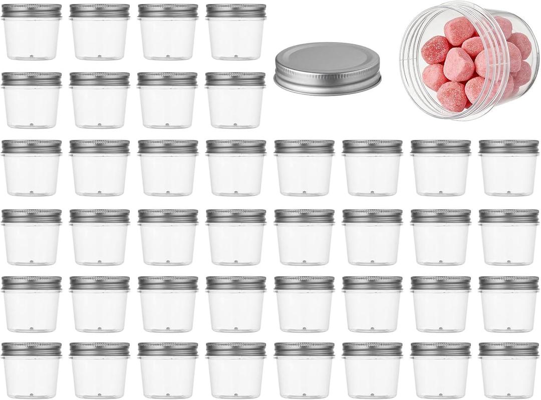 novelinks 4 oz Small Plastic Jars with Lids, 40 Pack Mini Plastic Mason Jars with Lids 4oz, Craft Storage Containers & Canning Jars & Small Spice Jars for Kitchen Organization (40 Pack, Silver)