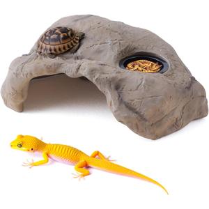Hide Resin Cave Shelter for Ball Python, Lizard, Leopard Gecko, Bearded Dragon, Terrarium Habitat Decoration (Faux Mud Color with Feeding Ledge, Large)