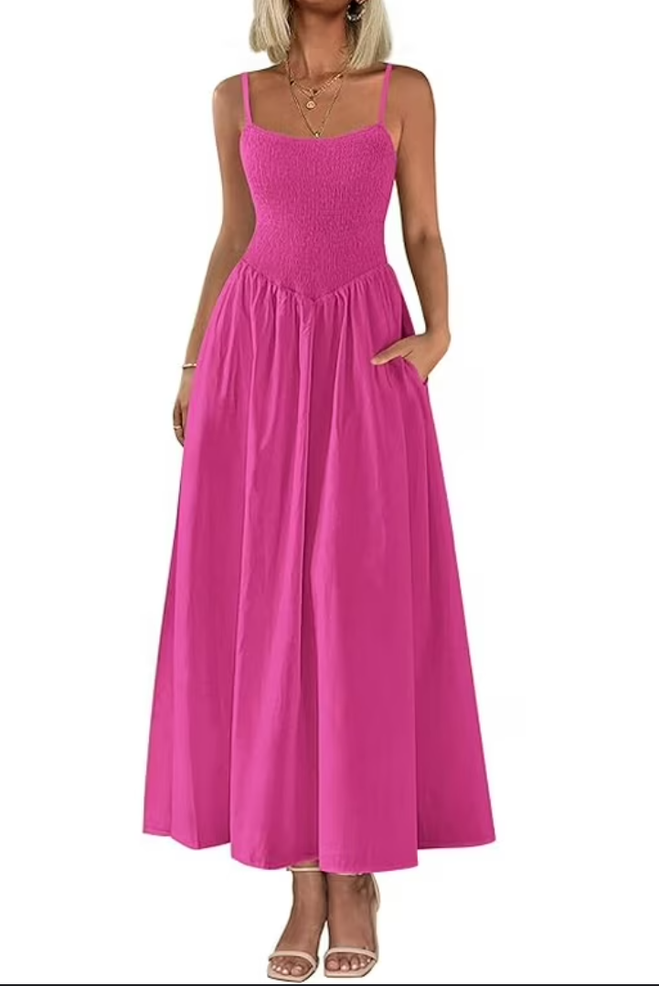PRETTYGARDEN Women's Smocked Maxi Dresses 2025 Summer Beach Sundress Casual Spaghetti Strap Swing A Line Long Flowy Dress M