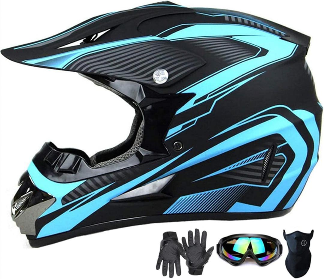 Motocross Helmet,Adult &Youth Trend Full Face,ATV Motorcycle,Dirt Bike Downhill Off-Road Mountain Bike Helmet,DOT Certified,4-Piece Set (Blue, L)