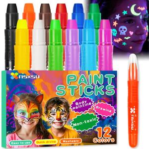 nsxsu Halloween Face Paint Sticks Kit for Kids 12 Colors, Washable Face Painting Crayons for Children, Birthday Makeup Party Supplies, Mess-Free Girls Boys Face Painting Pens Stocking Stuffers (6 UV Colors + 6 Classic Colors)