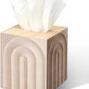 LemonRoad Boho Tissue Box Cover Square Wood Tissue Holder Ivory Rustic Facial Paper Organizer Bohemian Desk Storage Container for Bathroom Modern Farmhouse Tabletop Office Decor