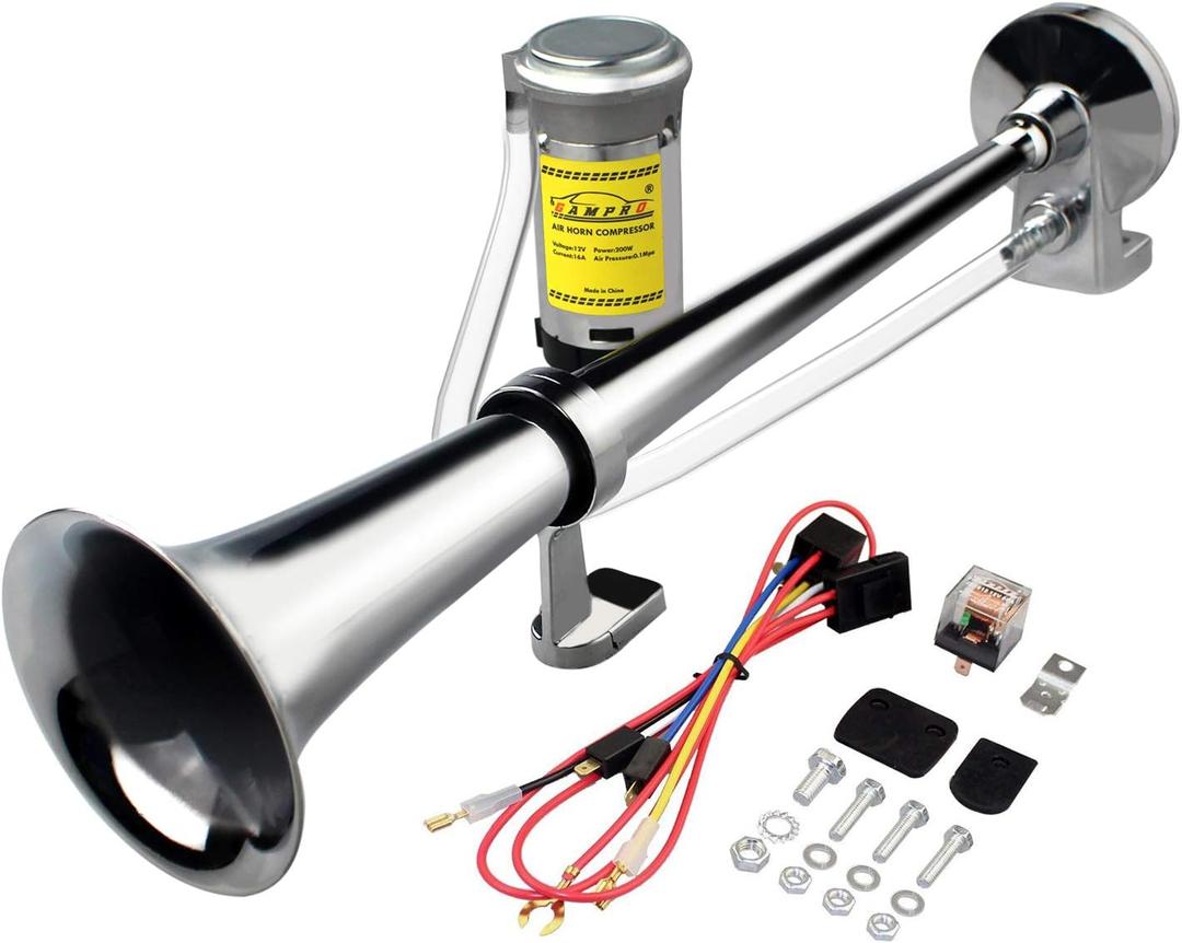 GAMPRO 12V 150DB Car Air Horns, 18 Inches Chrome Zinc Single Trumpet Truck Air Horn with Compressor for Any 12V Vehicles Trucks Lorrys Trains Boats Cars (SILVER)