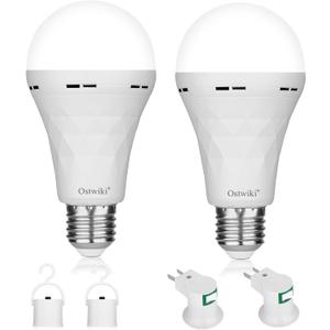 2 Pack Rechargeable Emergency Light Bulbs, Battery Powered Energy Efficient LED Light Bulb 6000K Daylight E26 120 Volt 9W 60W Equivalent with 1200mAh for Home Power Outage Camping Hurricane