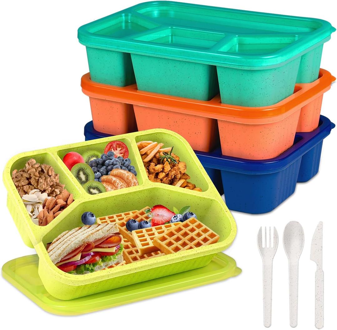 4 Pack Bento Box Lunch Box Container for Adult Kid, 4 Compartment Meal Prep Containers with Lids, Reusable Snack Box Container for Work Travel Picnic, Microwave & Dishwasher Safe (4 Pack - Orange/Green/Dark Green/Blue)