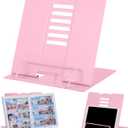 MSDADA Desk Book Stand Metal Reading Rest Book Holder Adjustable Cookbook Documents Holder Portable Sturdy Bookstands for Recipes Textbooks Tablet Music Books with Page Clips (Light Pink)