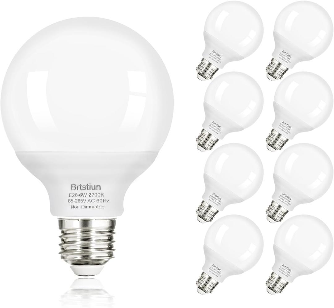 Brtstiun G25 LED Light Bulb, Round Vanity Light Bulbs for Bathroom, 40W Equivalent, Soft White 2700K, E26 Base Globe Light Bulbs, 600LM, Non-Dimmable, 8-Pack