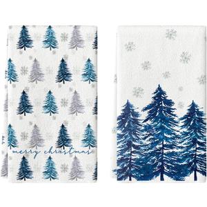 Artoid Mode Blue Xmas Tree Christmas Kitchen Towels Dish Towels, 18x26 Inch Farmhouse Holiday Snowflake Winter Decoration Cleaning Set of 2