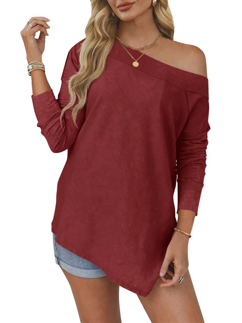 Tankaneo Womens Off The Shoulder Tops Casual Long Sleeve T Shirts Irregular Hem Split Tunics Loose Fall Blouse Shirt Burgundy (Red, L)