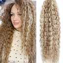 Curly Braiding Hair 300g,Ocean Wave Crochet Hair Extensions for Women,Long Synthetic Loose Deep Wave Wavy Twist Hair for Boho Braids(Beige Blonde mix Lvory Blonde Highlights)