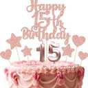 Gyufise 15Pcs Happy 15th Birthday Cake Topper Set with Heart Star Glitter Cheers to 15 Years Cake Picks Number 15 Candles Cake Decorations for Happy 15th Birthday Anniversary Party Supplies Rose Gold