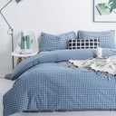 SUSYBAO Royal Blue Gingham Duvet Cover Queen 100% Washed Cotton 3 Pieces Set 1 Blue Plaid Duvet Cover with Zipper Ties 2 Pillowcases Soft Blue Grid Farmhouse Bedding Set