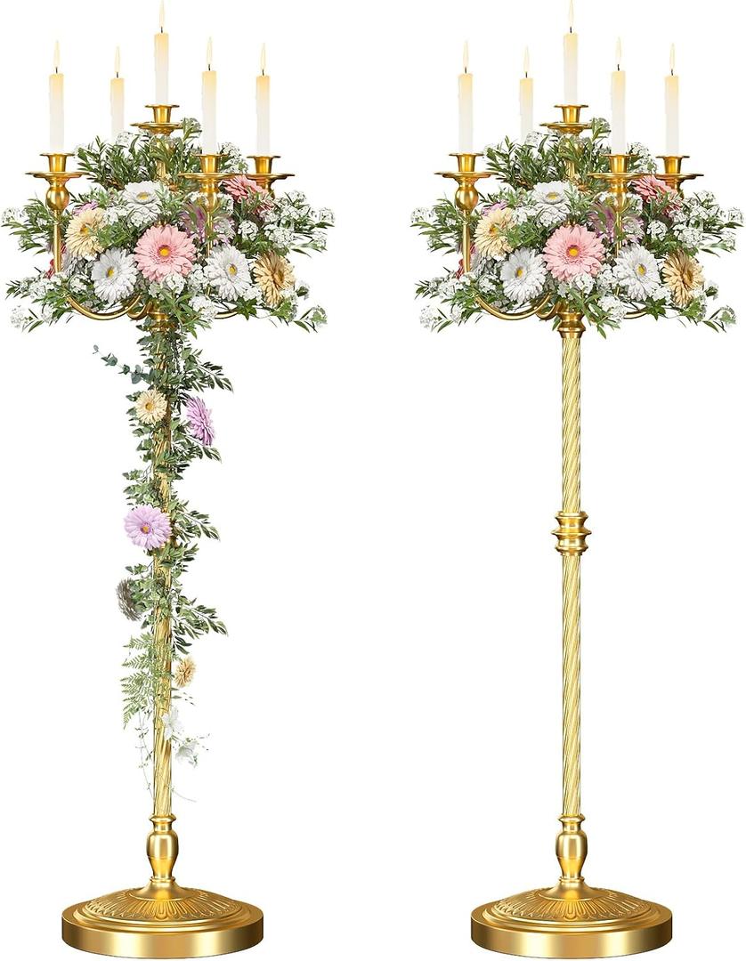 mopam 2Pcs Gold Floor Candelabra, 5 Arms Antique Candlestick Holder