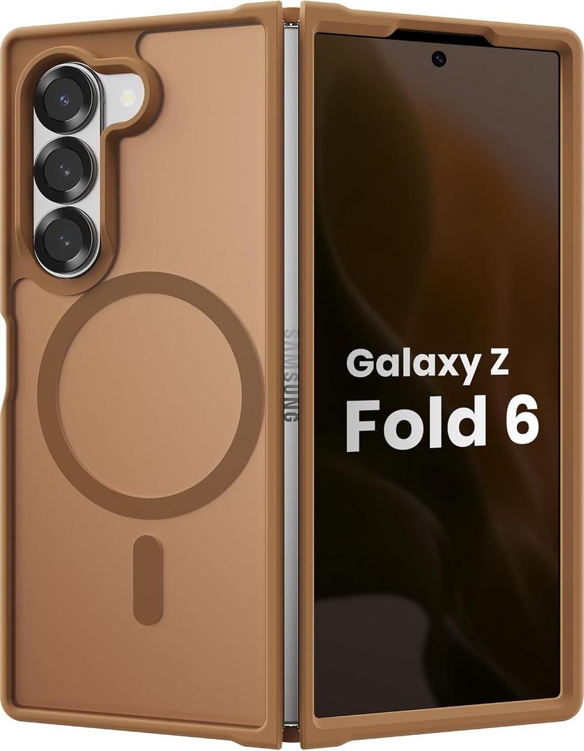 Magnetic Case for Samsung Galaxy Z fold 6 Case, Slim Translucent Matte Phone Cover with Shockproof TPU Frame & Scratch-Resistant PC Back, Strong Magnetic Ring, Brown