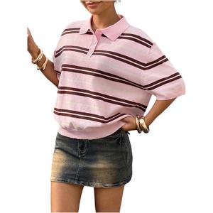 Verdusa Women's Striped Lightweight Sweaters Y2K Collared Knit Tops Summer Pullovers (Pink, S)