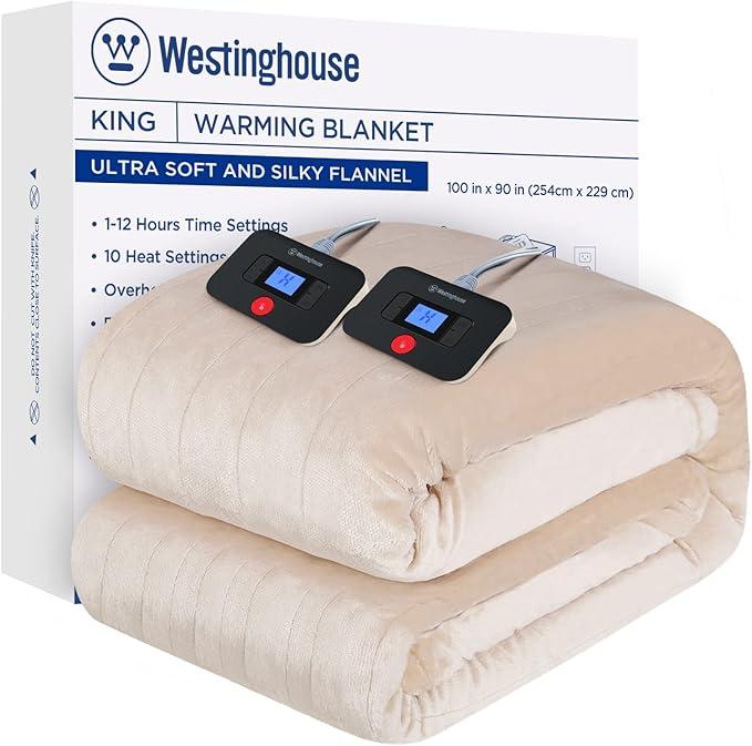 Westinghouse Electric Blanket Queen Size, Super Cozy Soft Flannel 84"" x 90"" Heated Blanket with 10 Fast Heating Levels & 112 AutoOff, Machine Washable, ETL&FCC Certification, Beige