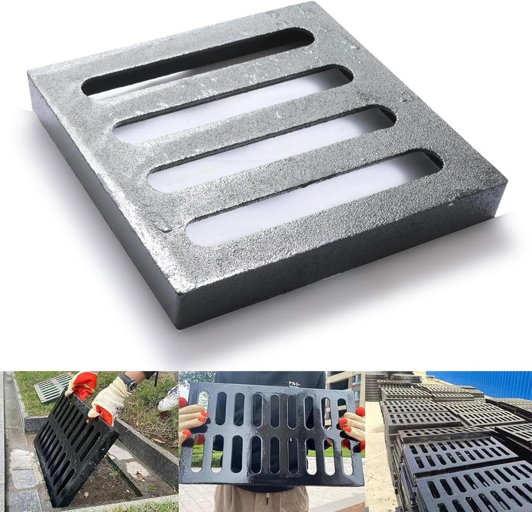 Cast Iron Drain Grate, 9 * 9in Heavy Duty Outdoor Drain Cover, B125 Class Channel Grate, Metal Sewer Grate, Black Square Drainage Grate for Concrete Floor, Yard, Driveway & Garage.