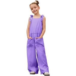 Mirawise Girls Romper Tie Strap Jumpsuit Kids Sleeveless Outfits Overalls Wide leg Elastic Clothes Long Pants with Pockets (8-9 Years, Purple)