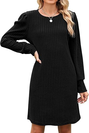Naggoo Fall Dresses for Women 2025 Knit Crew Neck Tunic Dress Casual Winter Long Sleeve Sweater Dress with Pockets, Small, Black 