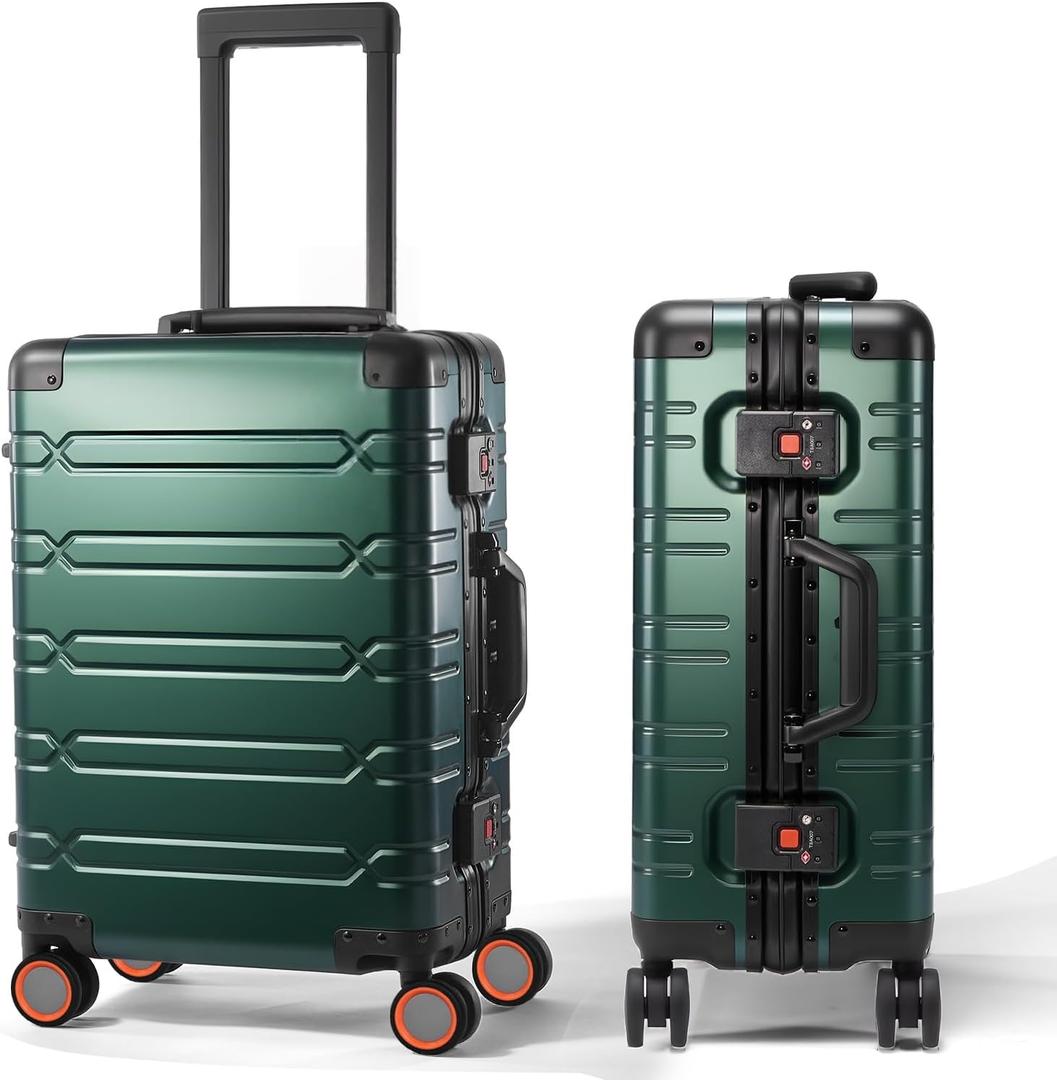 UrbanExplorer All Aluminum 24 Inch Check In Luggage Hard Shell Suitcases with Spinner Wheels and TSA Lock, Large Zipperless Luggage for Travel, Dark Green