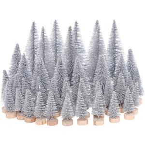 Yookat 40Pcs Mini Christmas Trees Artificial Mini Pine Trees with Wood Base Sisal Trees Bottle Brush Trees Assorted Color for Christmas Decoration Winter Ornaments (Silver)