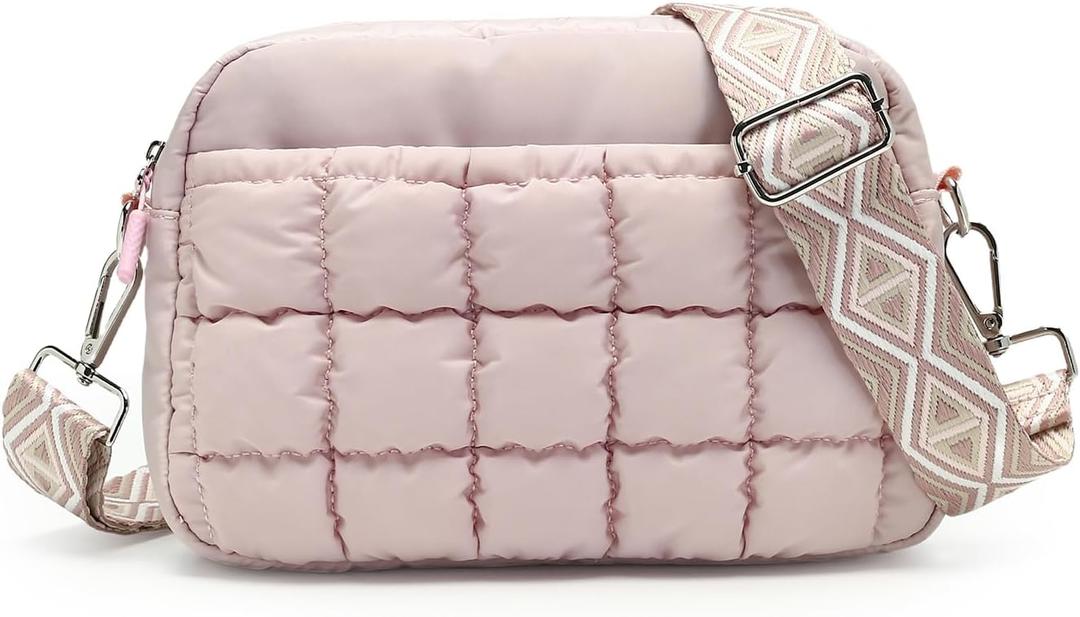 Herald Small Puffer Crossbody Bags for Women, Lightweight Nylon Quilted Shoulder Purse Handbag with Multiple Pockets (New Pink)