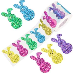 500 PCS Bling Sparkly Easter Bunny Stickers - 1.5'' x 0.8'' Large, 1 Roll of 5 Colors | Easter Basket Essentials Stuff, Waterproof Self-Adhesive Rabbit Stickers for Holiday Cards Boxes Seal Envelopes
