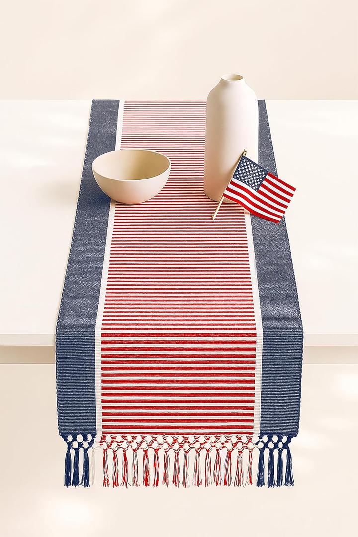 PurpleEssences 4th of July Table Runner - Wide with Dobby Stripe, Heavy Ribbed Weave & Double Knot Fringes, 14x72 Inch (14x77.5 with Fringes) Farmhouse Decor Summer - Red, Blue and White