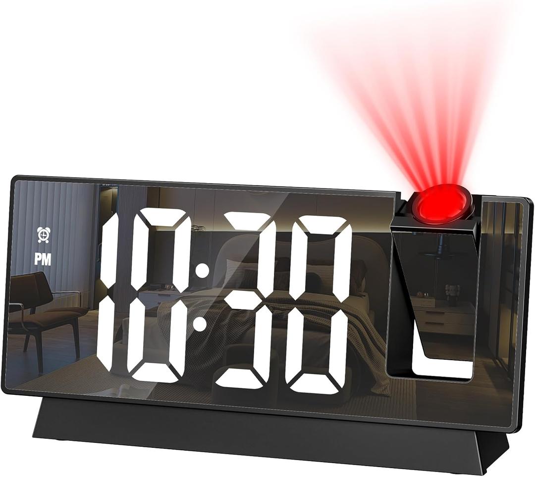 JXTZ Projection Alarm Clock, Large Screen Projector Clock for Bedroom Ceiling, Digital Clock with 180 Projector, 4 Levels Brightness, Alarm Clock Projector with Temperature Date Snooze 12H/24H (Black-white)