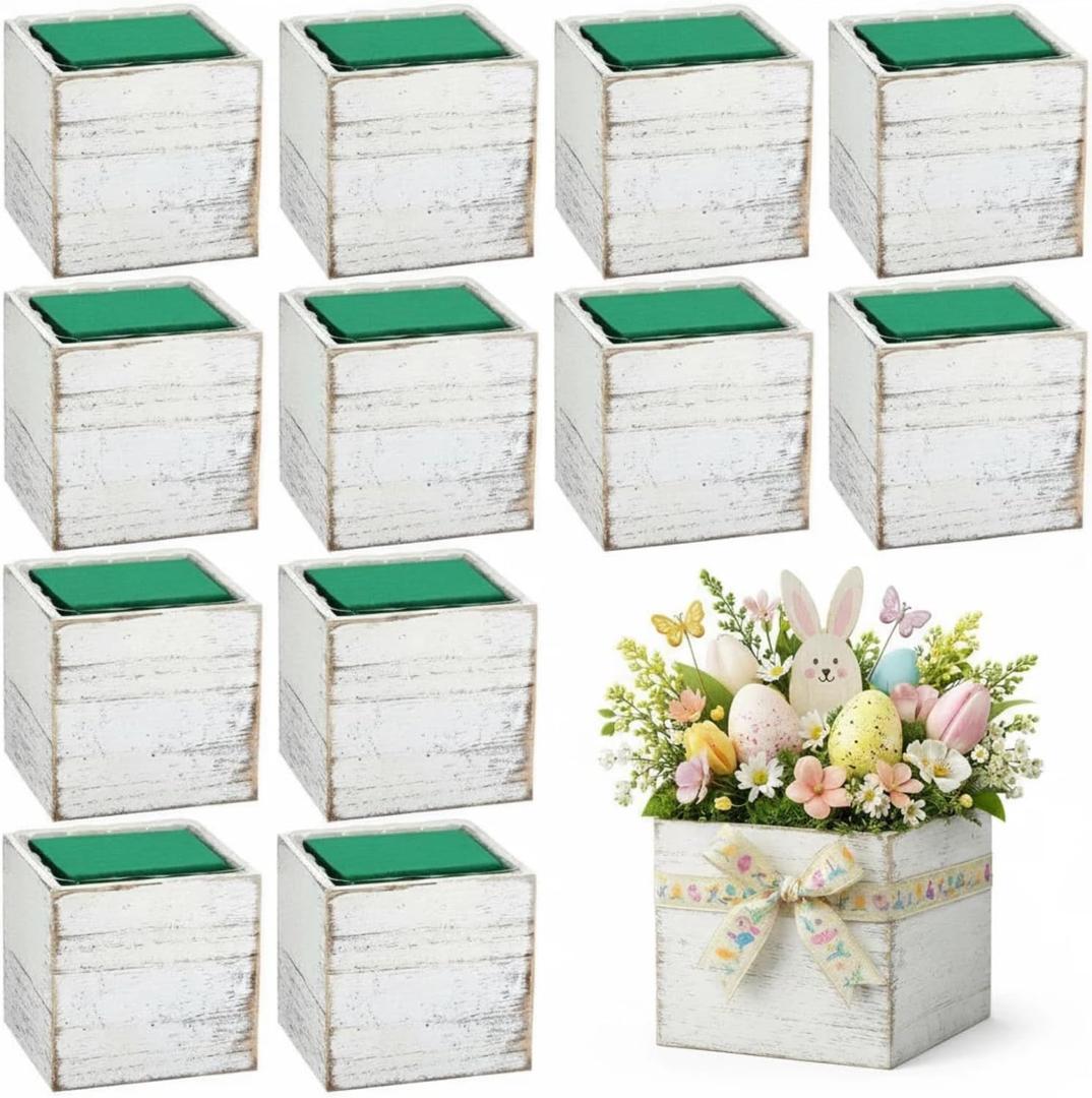 Dandat 12 Sets Wooden Cube Planter Boxes for Centerpiece 4 Inch Flower White Wood Rustic Square Vase with Removable Plastic Liner Floral Foam Block for Garden Wedding Home Arrangement Decor