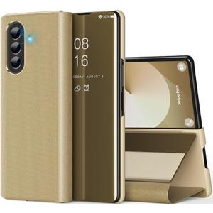 Galaxy Z Fold 7 Cover Cases Compatible with Samsung Z Fold 7 Flip Cell Phone Case Clear View Mirror Flip Cover PU Leather with Kickstand Protective Cover for Samsung Galaxy Z Fold 7 (Gold)