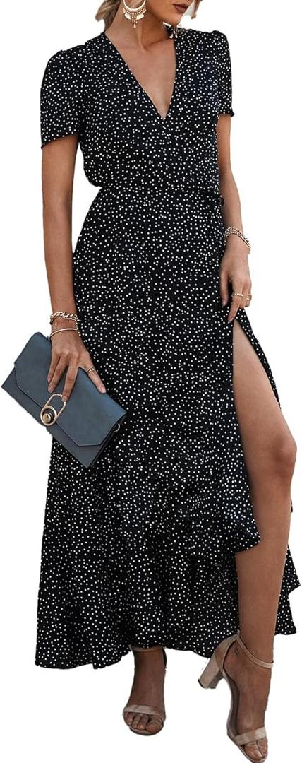 PRETTYGARDEN Women's Summer Maxi Dress Casual Wrap Boho Short Sleeve V Neck Split Ruffle Beach Long Dresses (Medium)