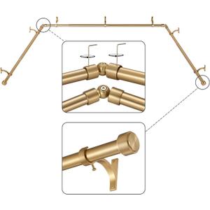 Warm Gold Bay Window Curtain Rods with Aluminum End Cap Finials and Brackets,Adjustable 32-86 Inch Center Rod for windows (20-82), 32-58 Inch Side Rods for windows (20-54),1 Inch Diameter