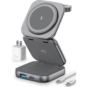 Wireless Charger for MagSafe, AC Island 5-in-1 Portable Travel Charging Station, 15W Max Fast Foldable Magnetic Stand, Evolved for iPhone 16/15/14/13 Series, Apple Watch, AirPods (with 35W Adapter) (Gray)