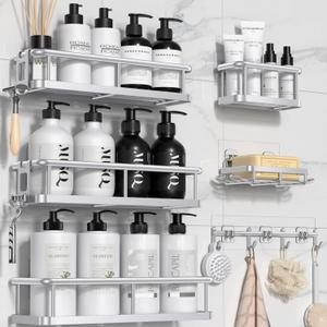 YASONIC Shower Caddy, 6 Pack Large Capacity Bath Organizer with Soap Holder and 12 Hooks, Rustproof bathroom Shelves for Inside Shower, No Drilling&Sleek Bathroom Organizers and Storage Silver (XL size)