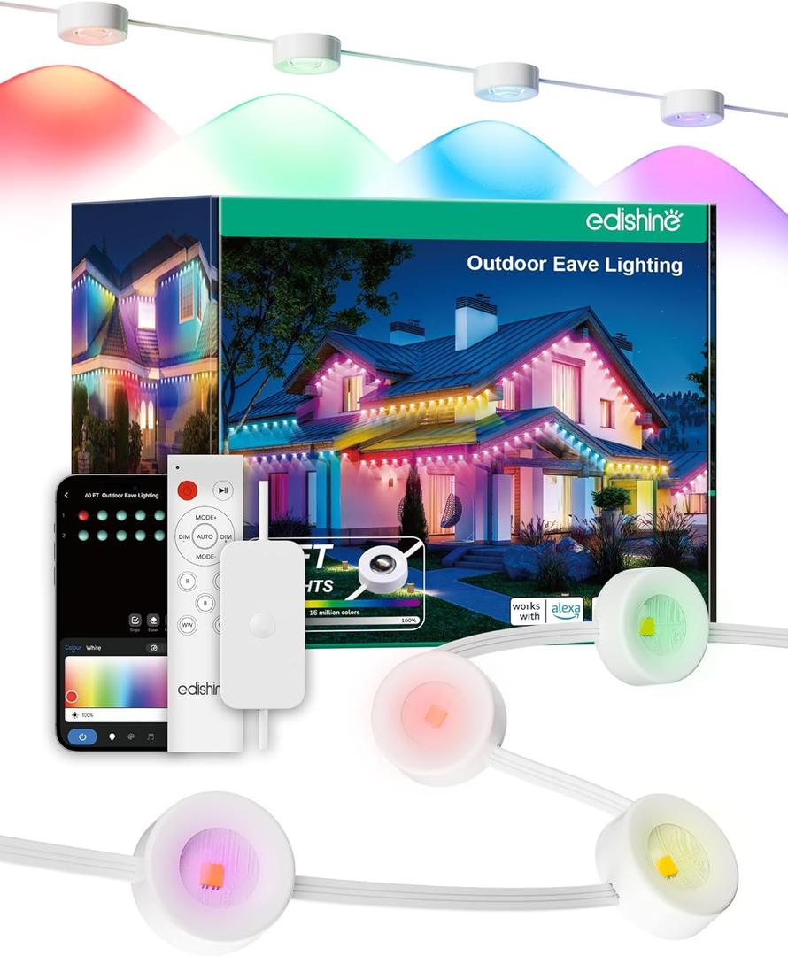 EDISHINE 60ft Permanent Outdoor Lights, 40 LED Eave Light with App/Remote, Smart Rainbow RGBW Holiday Light with 50 Scene Modes, IP67 Waterproof for House, Compatible with Alexa Google Assistant