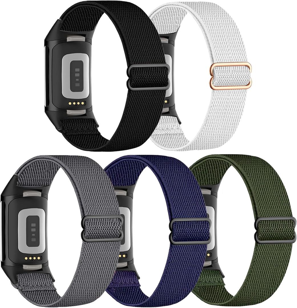 5 Pack Stretchy Watch Bands Compatible with Fitbit Charge 6 Bands/Fitbit Charge 5, Loop Nylon Elastic Fabric Strap for Fitbit Charge 5/6 Women Men