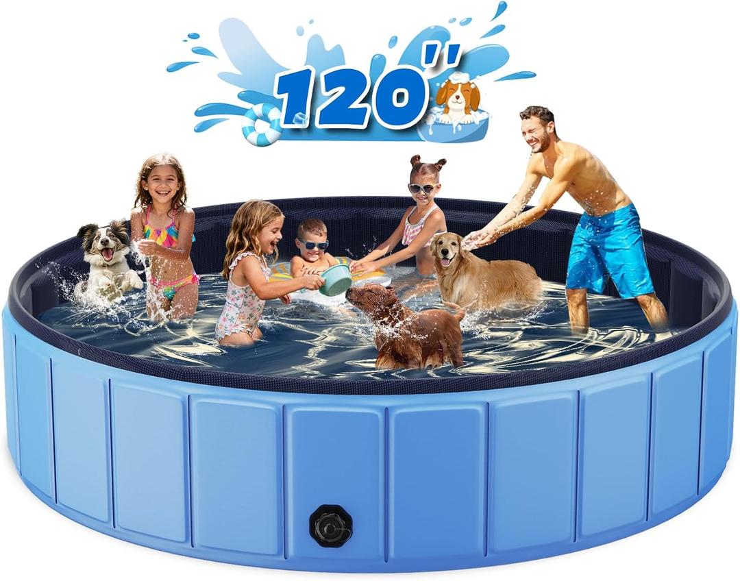 Extra Large Foldable Dog Pool for Giant Dogs, 120” Collapsible Hard-Side Dog Swimming Pool, Leakproof PVC Portable Pet Bath & Kiddie Pool, Non-Slip Bottom, Outdoor Backyard, Blue