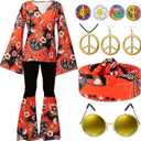Jiuguva 17Pcs 60s 70s Outfits for Women Hippie Costume Set Disco Outfit Dress Boho Flared Pants Hippie Shirt Headband (Medium)