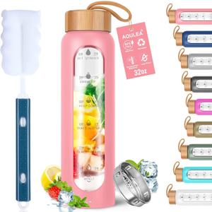 Aqulea Glass Water Bottles 32 Oz with Silicone Sleeve - BPA Free Reusable Wide Mouth Glass Motivational Water Bottles with Fruit Infuser  Leak Proof Borosilicate Water Bottle with Time Marker (Pink)