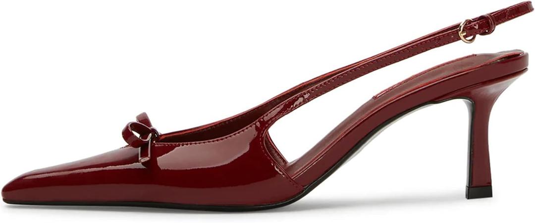 Mattiventon Burgundy Kitten Heels for Women Slingback Heels Bow Ankle Strap Pointed Toe Heel Sexy Wedding Dress Party Pumps Size 9