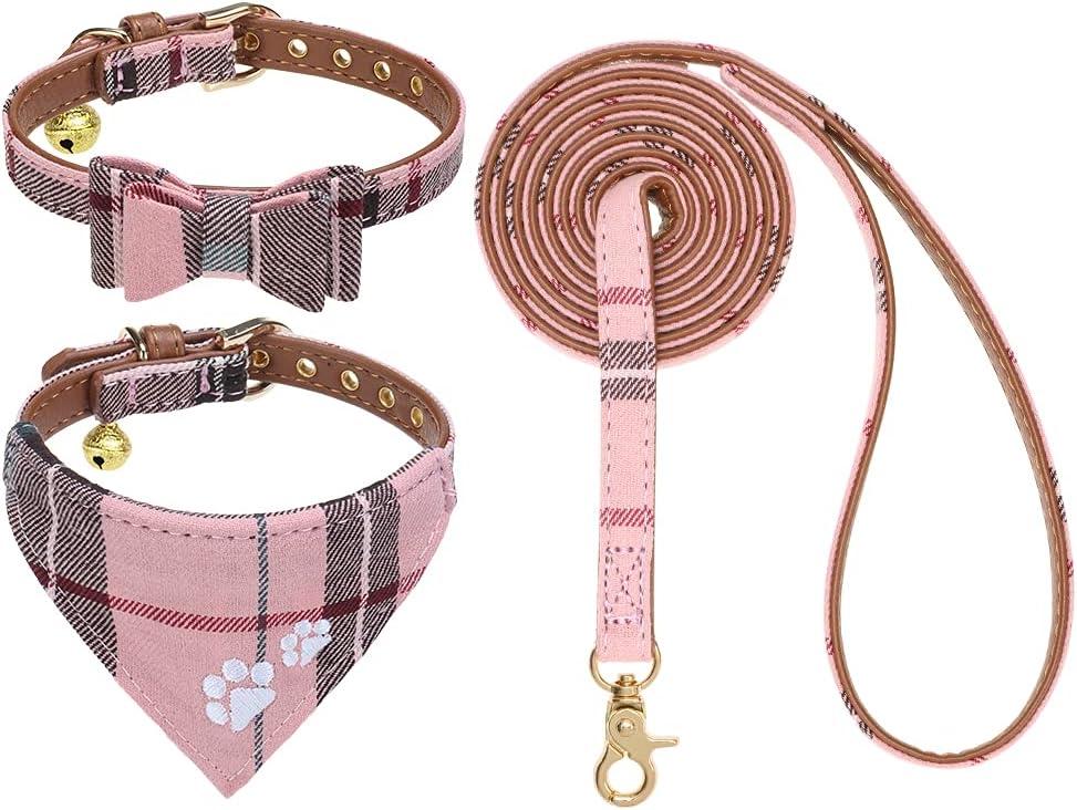 EXPAWLORER Puppy Collar and Leash Set - Embroidery Pawprints Plaid Dog Collar and Dog Leash Set, Bow Tie and Bandana Dog Collar with Bell, Collar and Leash for Dogs Cats Outdoor Walking, Pink S