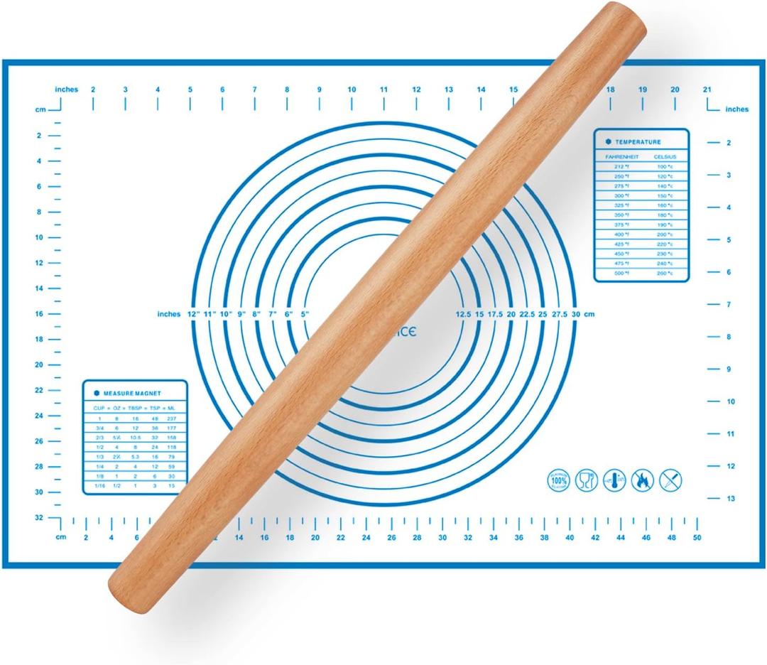 Wood French Rolling Pin for Baking, QUELLANCE Wooden Dough Roller with Silicone Baking Mat, Beech Wood Rolling Pins for Baking Dough, Pizza, Pie, Pastries, Pasta and Cookies,Blue Pastry Mat